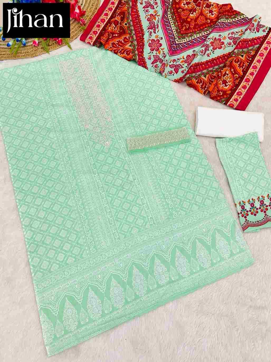 Saira Luxury Lawn Collection Vol-2 By Jihan 3393 To 3396 Series Designer Pakistani Suits Beautiful Stylish Fancy Colorful Party Wear & Occasional Wear Pure Cotton Lawn Dresses At Wholesale Price