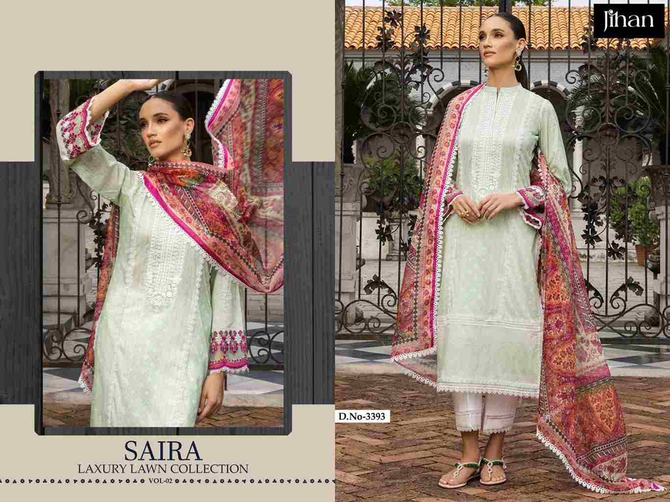 Saira Luxury Lawn Collection Vol-2 By Jihan 3393 To 3396 Series Designer Pakistani Suits Beautiful Stylish Fancy Colorful Party Wear & Occasional Wear Pure Cotton Lawn Dresses At Wholesale Price