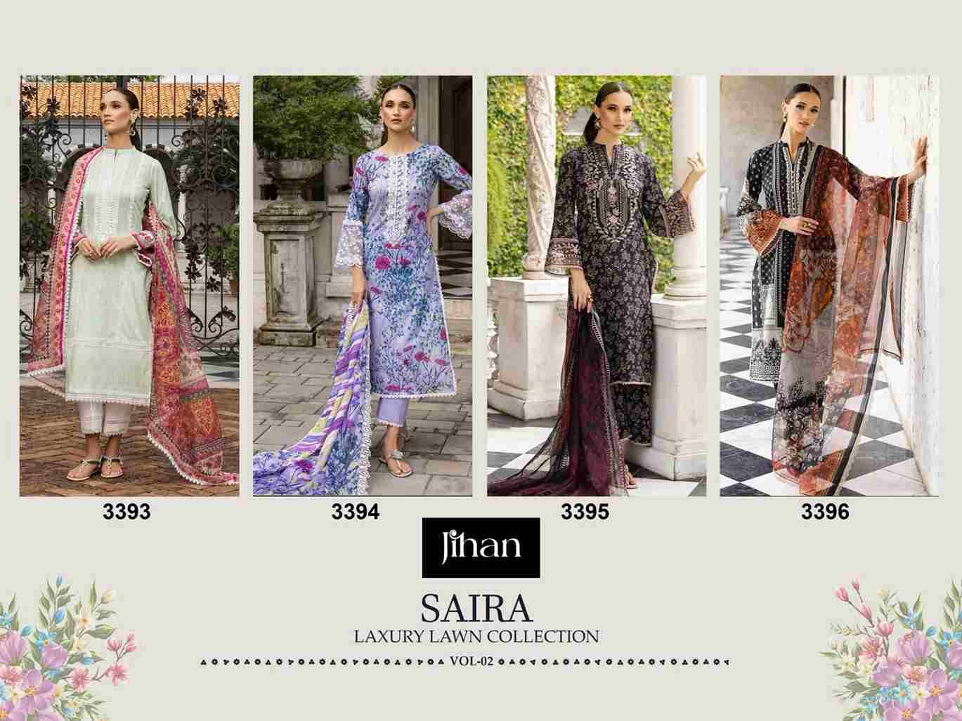 Saira Luxury Lawn Collection Vol-2 By Jihan 3393 To 3396 Series Designer Pakistani Suits Beautiful Stylish Fancy Colorful Party Wear & Occasional Wear Pure Cotton Lawn Dresses At Wholesale Price