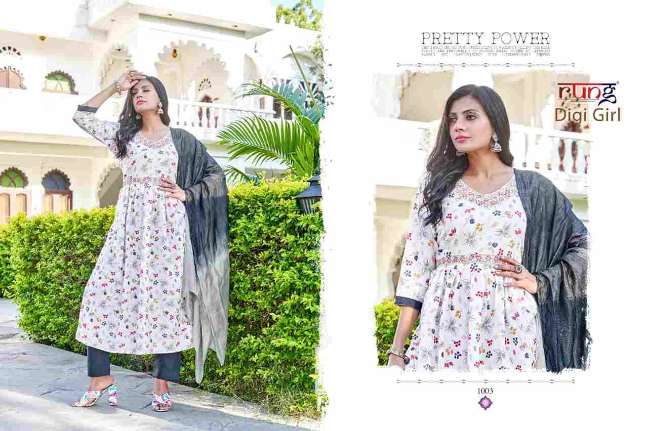 Digi Girl By Rung 1001 To 1006 Series Beautiful Stylish Festive Suits Fancy Colorful Casual Wear & Ethnic Wear & Ready To Wear Rayon Dresses At Wholesale Price