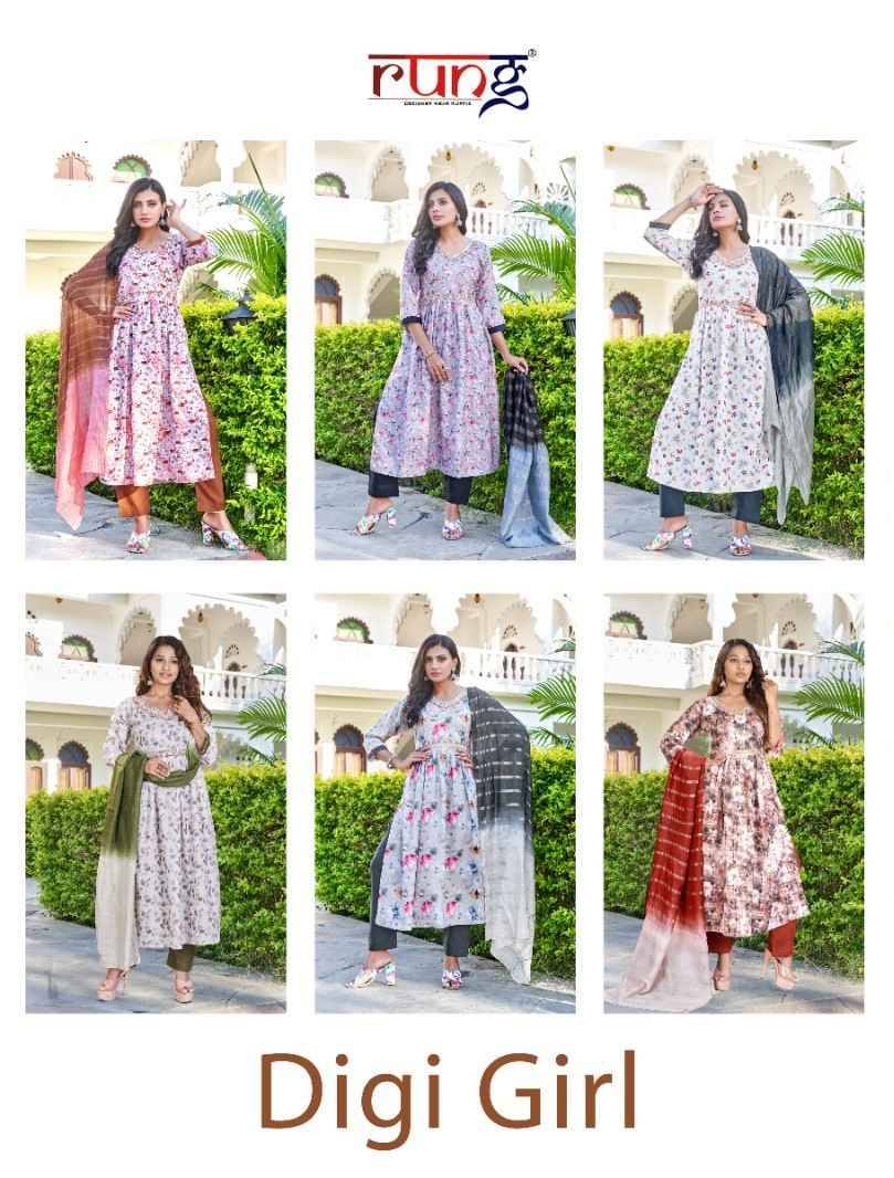 Digi Girl By Rung 1001 To 1006 Series Beautiful Stylish Festive Suits Fancy Colorful Casual Wear & Ethnic Wear & Ready To Wear Rayon Dresses At Wholesale Price