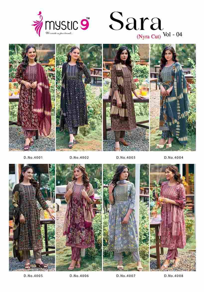 Sara Vol-4 By Mystic 9 4001 To 4008 Series Beautiful Festive Suits Colorful Stylish Fancy Casual Wear & Ethnic Wear Rayon Foil Dresses At Wholesale Price