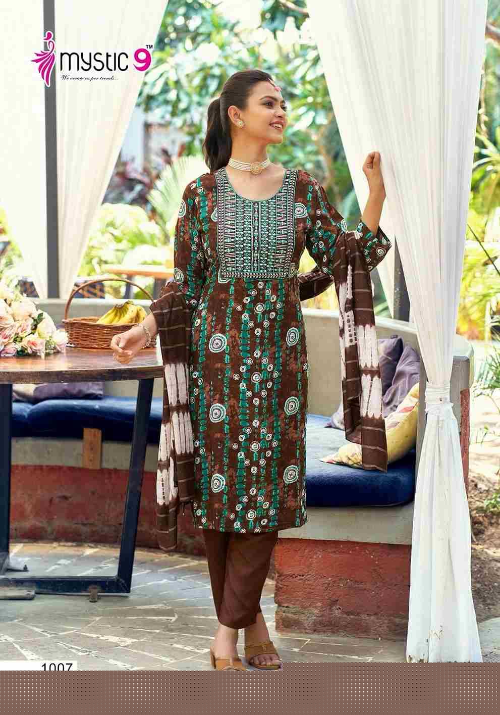 Khanak Vol-1 By Mystic 9 1001 To 1008 Series Beautiful Suits Colorful Stylish Fancy Casual Wear & Ethnic Wear Rayon Print Dresses At Wholesale Price