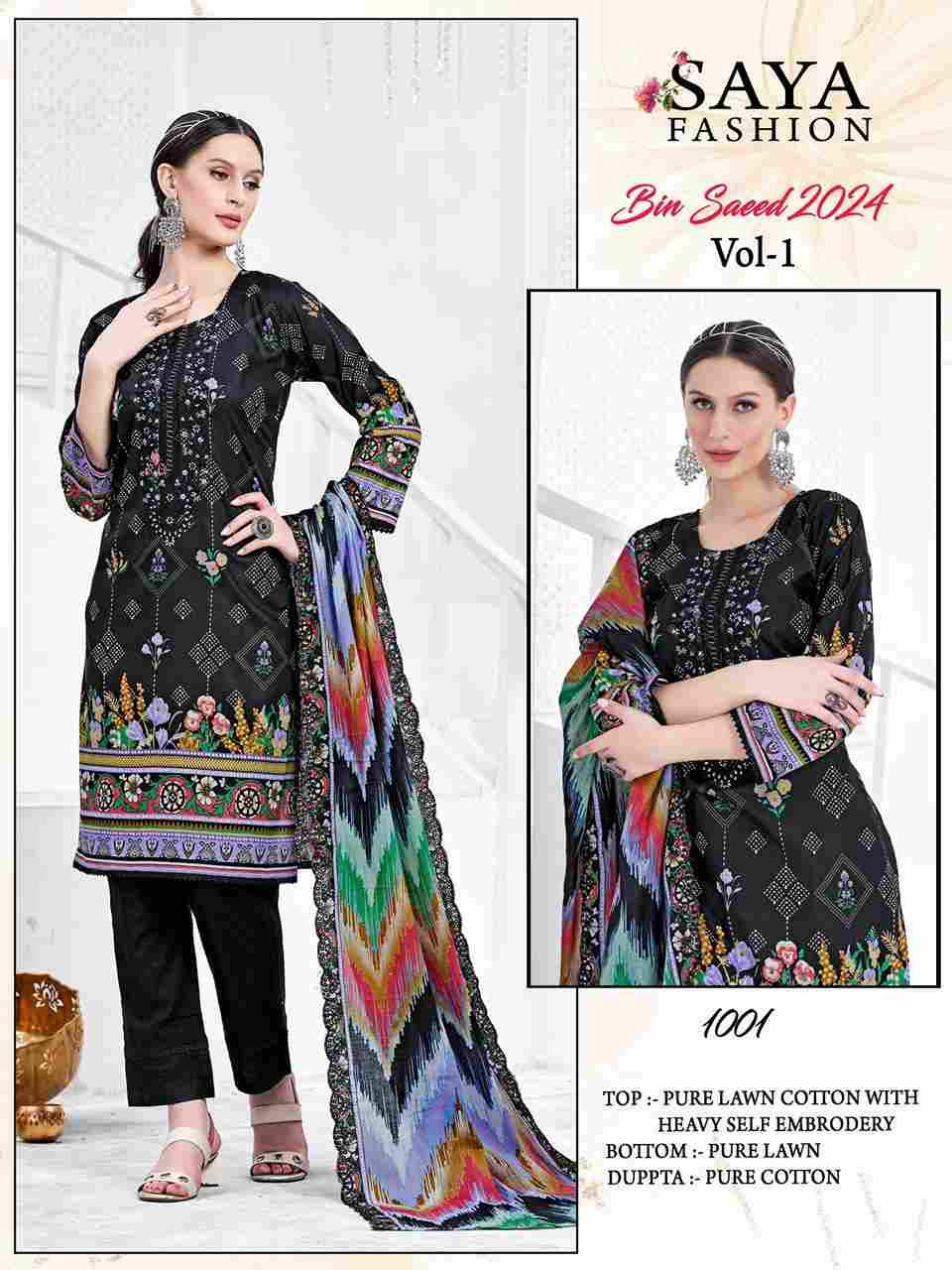 Bin Saeed-2024 Vol-1 By Saya Fashion 1001 To 1004 Series Designer Pakistani Suits Beautiful Stylish Fancy Colorful Party Wear & Occasional Wear Pure Lawn Cotton Print Dresses At Wholesale Price