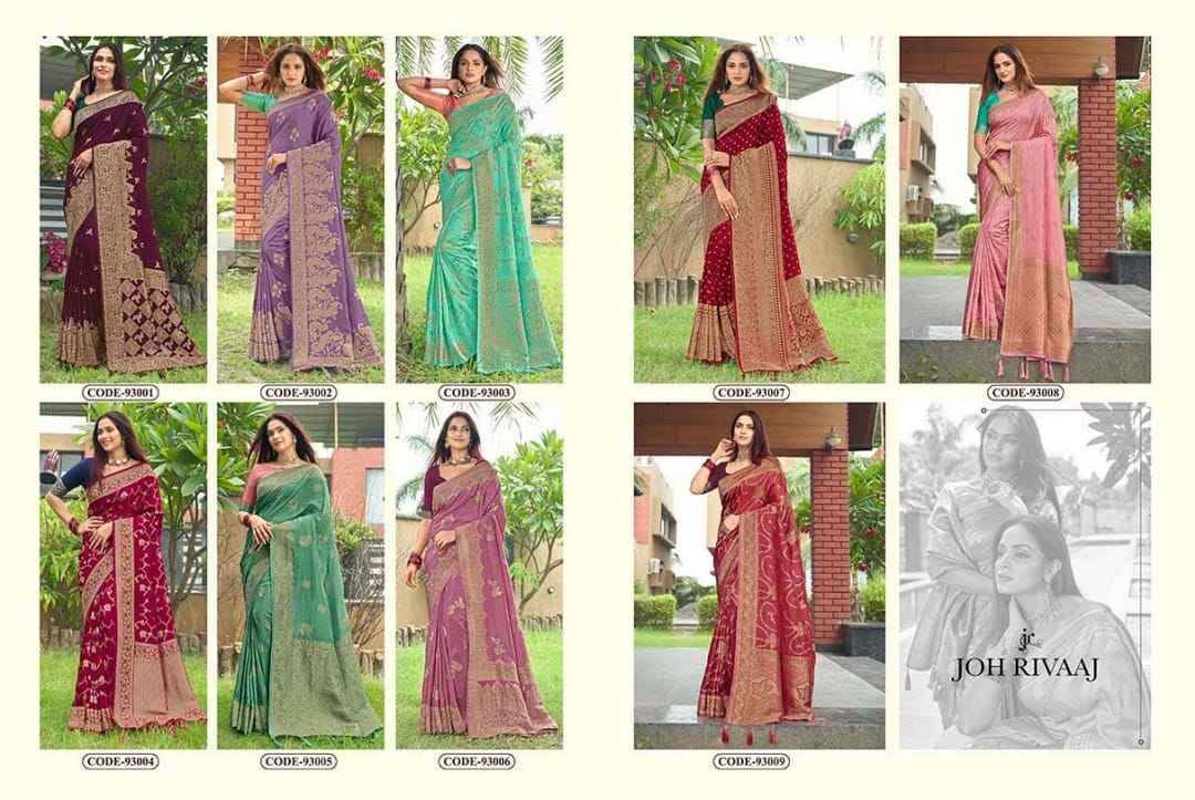 Jacklin Vol-930 By Joh Rivaaj 93001 To 93009 Series Indian Traditional Wear Collection Beautiful Stylish Fancy Colorful Party Wear & Occasional Wear Silk Sarees At Wholesale Price