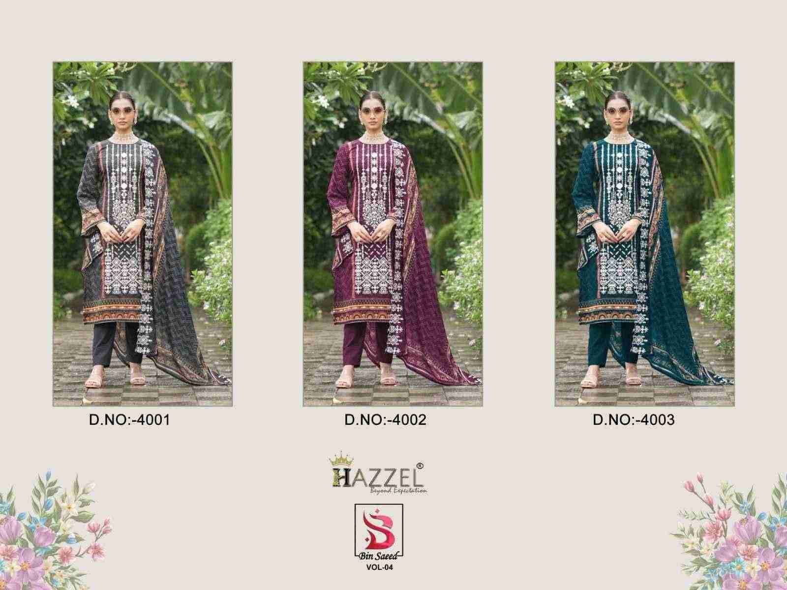 Bin Saeed Vol-4 By Hazzel 4001 To 4003 Series Designer Pakistani Suits Beautiful Fancy Stylish Colorful Party Wear & Occasional Wear Lawn Cotton Print Embroidery Dresses At Wholesale Price