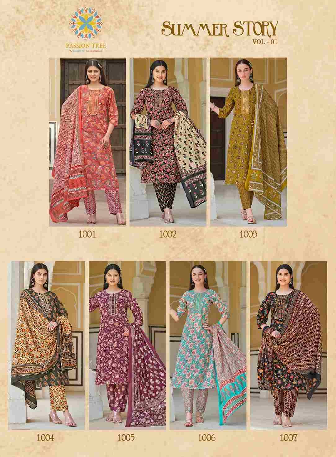 Summer Story Vol-1 By Passion Tree 1001 To 1007 Series Festive Suits Beautiful Fancy Colorful Stylish Party Wear & Occasional Wear Heavy Cotton Print Dresses At Wholesale Price