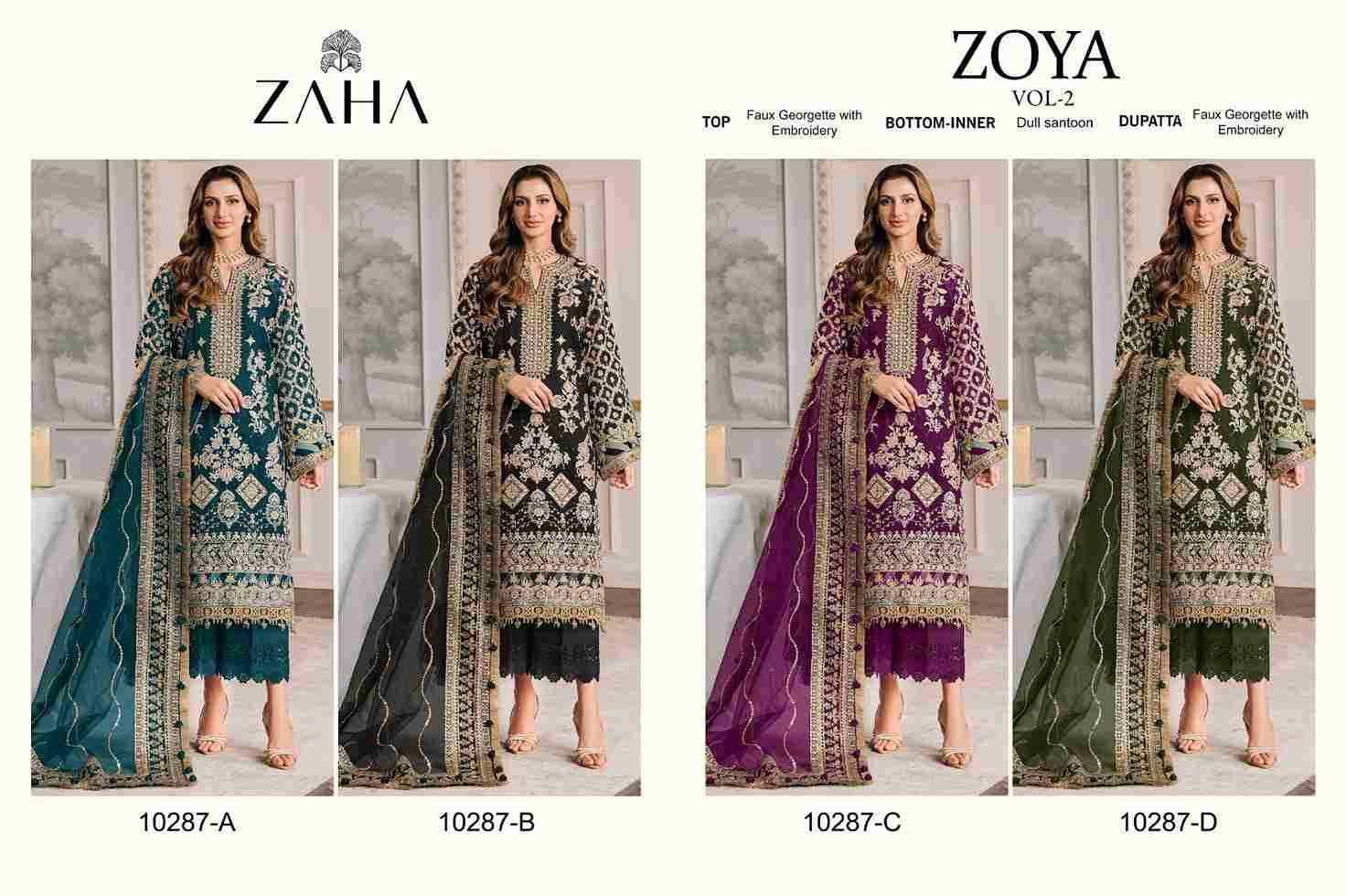 Zoya Vol -2 By Zaha 10287-A To 10287-D Series Beautiful Pakistani Suits Stylish Fancy Colorful Party Wear & Occasional Wear Faux Georgette With Embroidery Dresses At Wholesale Price