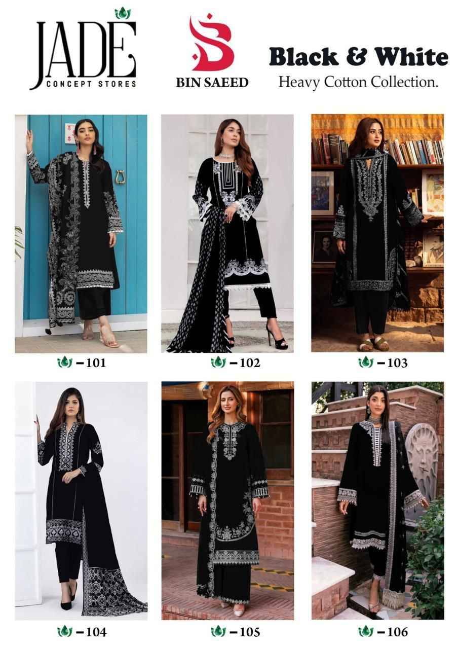 Bin Saeed Black And White By Jade 101 To 106 Series Beautiful Festive Suits Stylish Fancy Colorful Casual Wear & Ethnic Wear Pure Lawn Cotton Print Dresses At Wholesale Price