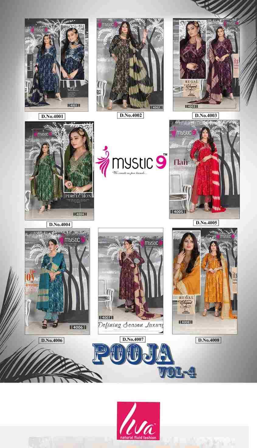 Pooja Vol-4 By Mystic 9 4001 To 4008 Series Beautiful Festive Suits Colorful Stylish Fancy Casual Wear & Ethnic Wear Fancy Dresses At Wholesale Price