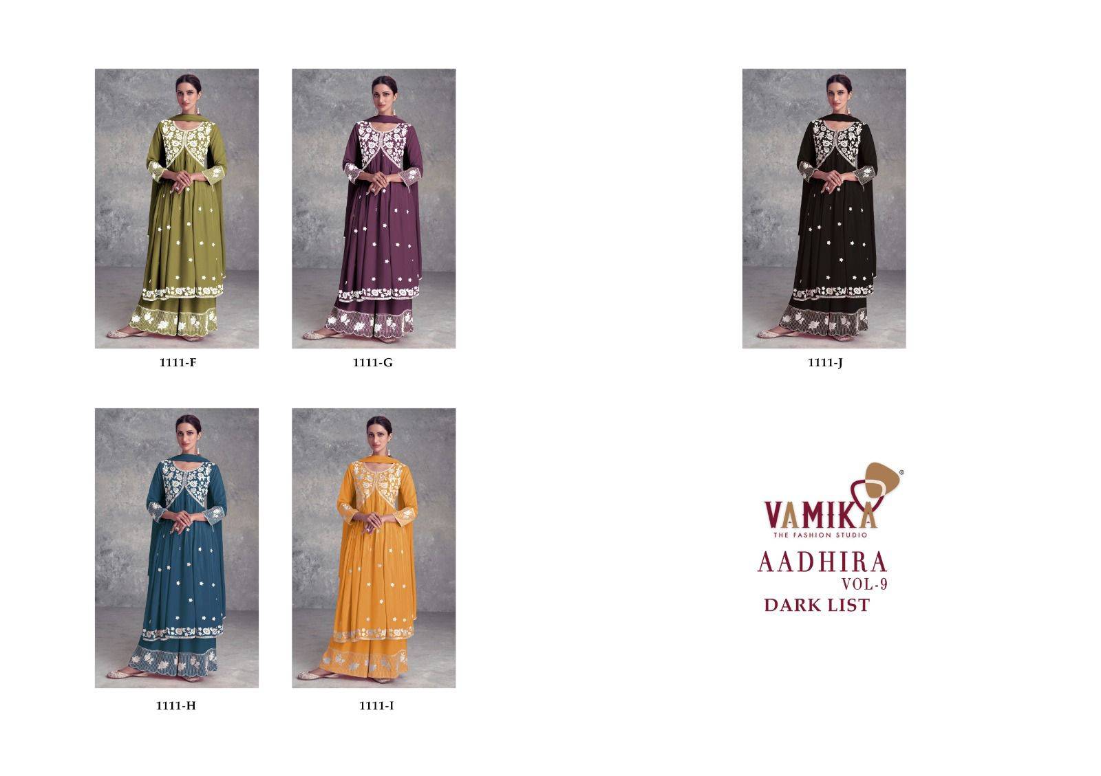 Aadhira Vol-9 Dark List By Vamika 1111-F To 1111-J Series Beautiful Festive Suits Colorful Stylish Fancy Casual Wear & Ethnic Wear Pure Viscose Rayon Embroidery Dresses At Wholesale Price