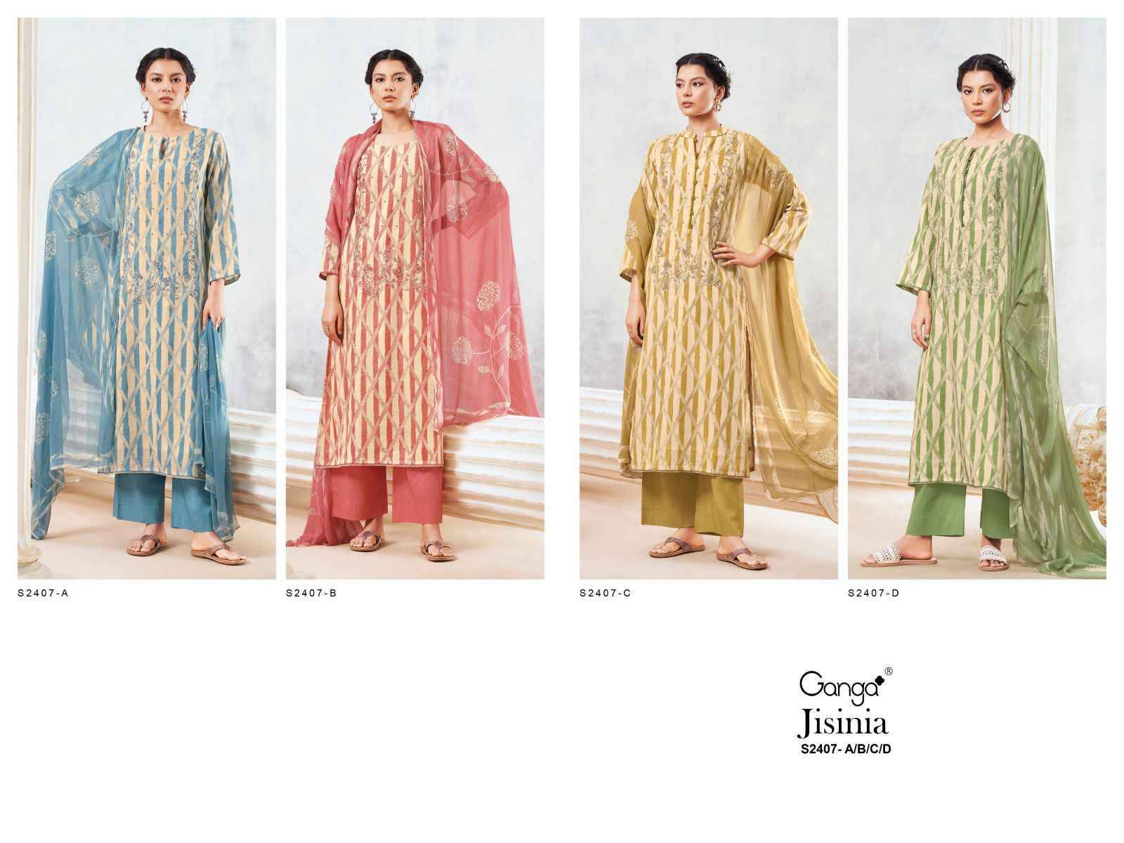 Jisinia-2407 By Ganga Fashion 2407-A To 2407-D Series Beautiful Festive Suits Colorful Stylish Fancy Casual Wear & Ethnic Wear Cotton Linen Dresses At Wholesale Price