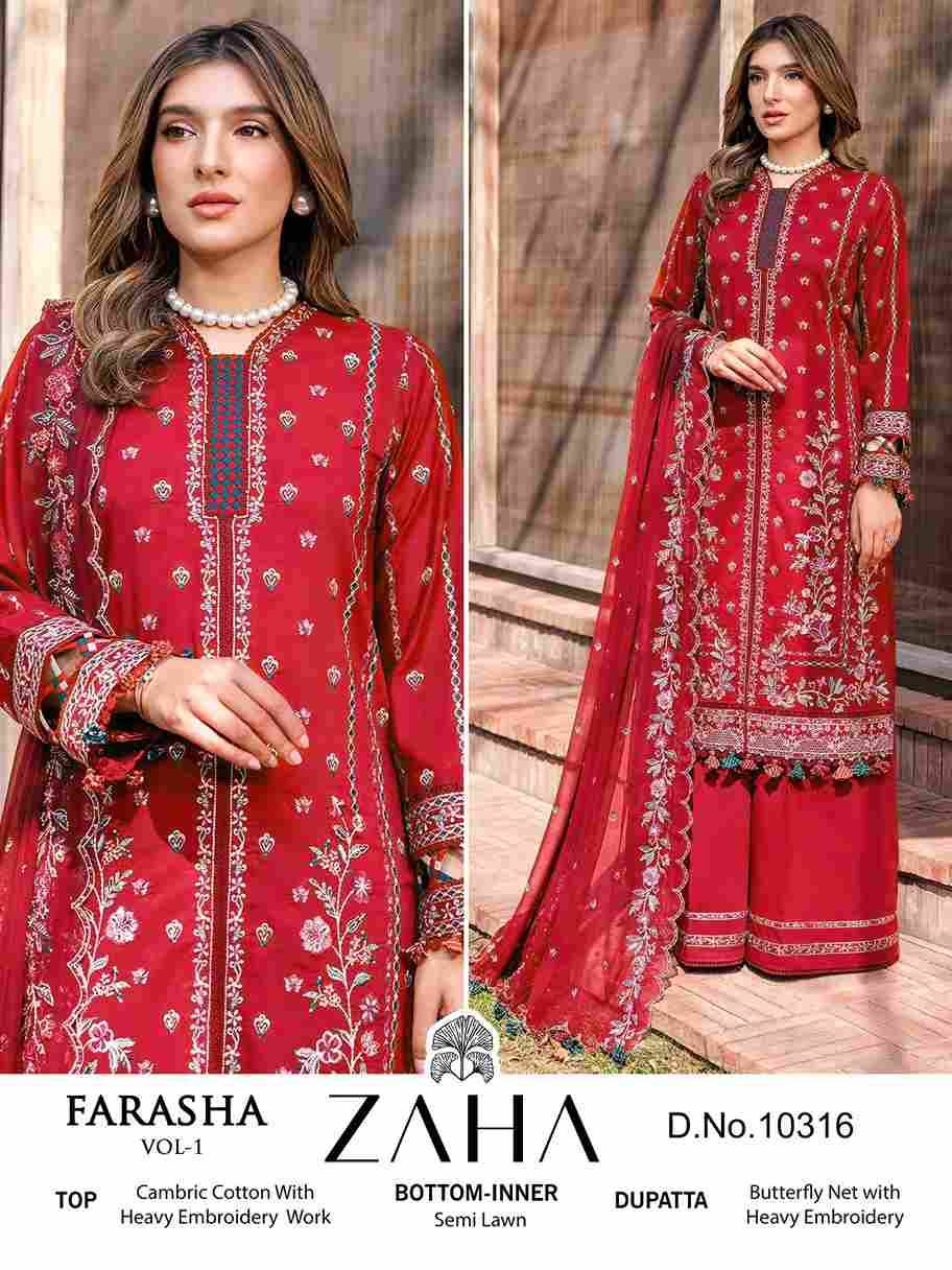 Farasha Vol -1 By Zaha 10314 To 10317 Series Beautiful Pakistani Suits Stylish Fancy Colorful Party Wear & Occasional Wear Cambric Cotton With Embroidery Dresses At Wholesale Price