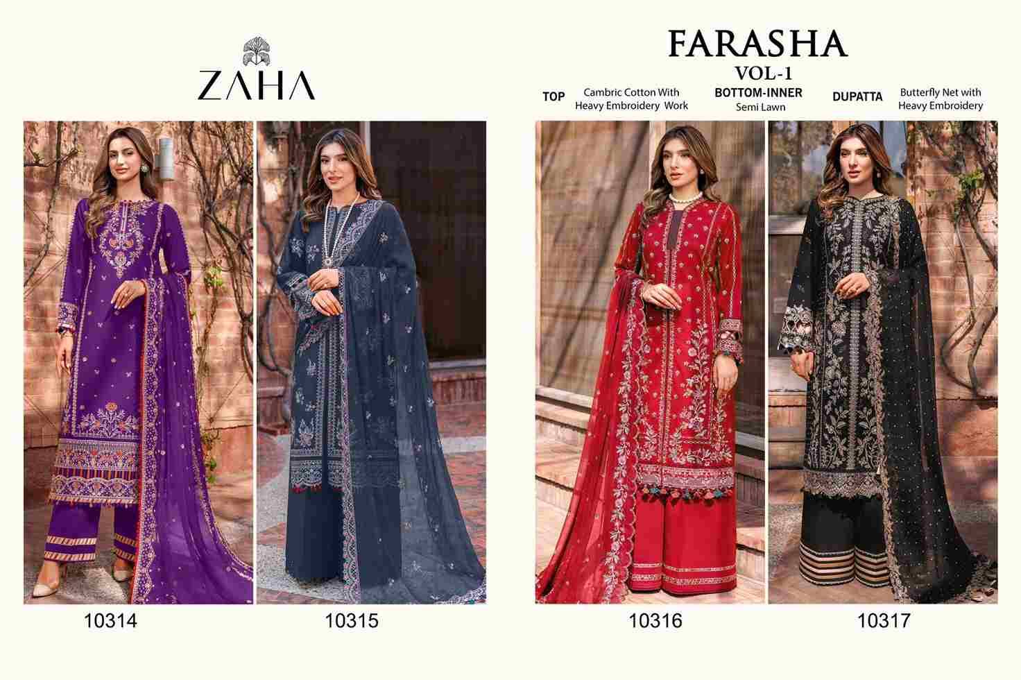 Farasha Vol -1 By Zaha 10314 To 10317 Series Beautiful Pakistani Suits Stylish Fancy Colorful Party Wear & Occasional Wear Cambric Cotton With Embroidery Dresses At Wholesale Price