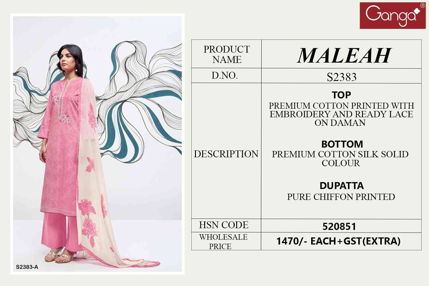 Maleah-2383 By Ganga Fashion 2383-A To 2383-D Series Beautiful Festive Suits Colorful Stylish Fancy Casual Wear & Ethnic Wear Pure Cotton Dresses At Wholesale Price