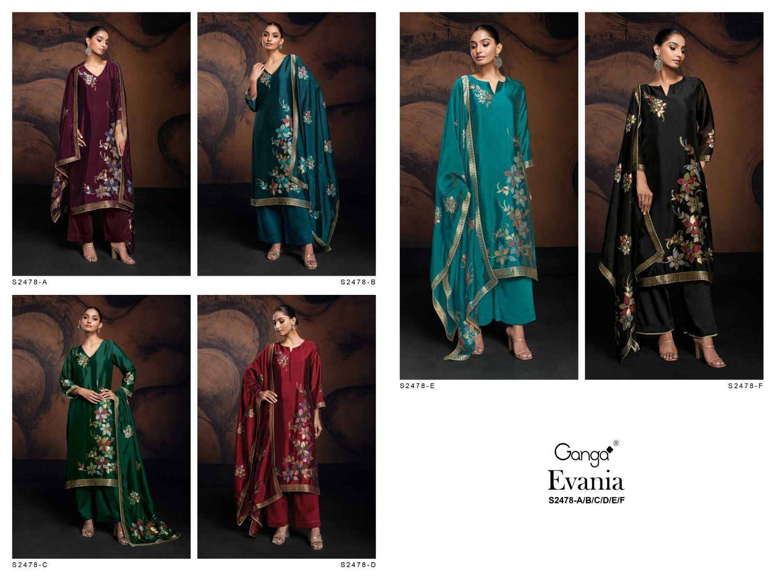 Evania-2478 By Ganga Fashion 2478-A To 2478-F Series Beautiful Festive Suits Colorful Stylish Fancy Casual Wear & Ethnic Wear Viscose Silk Dresses At Wholesale Price