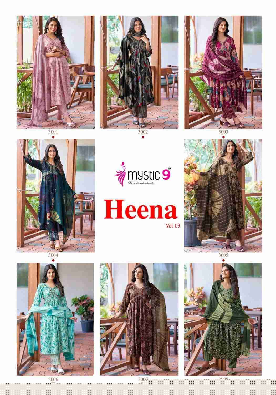 Heena Vol-3 By Mystic 9 3001 To 3008 Series Beautiful Suits Colorful Stylish Fancy Casual Wear & Ethnic Wear Rayon Print Dresses At Wholesale Price