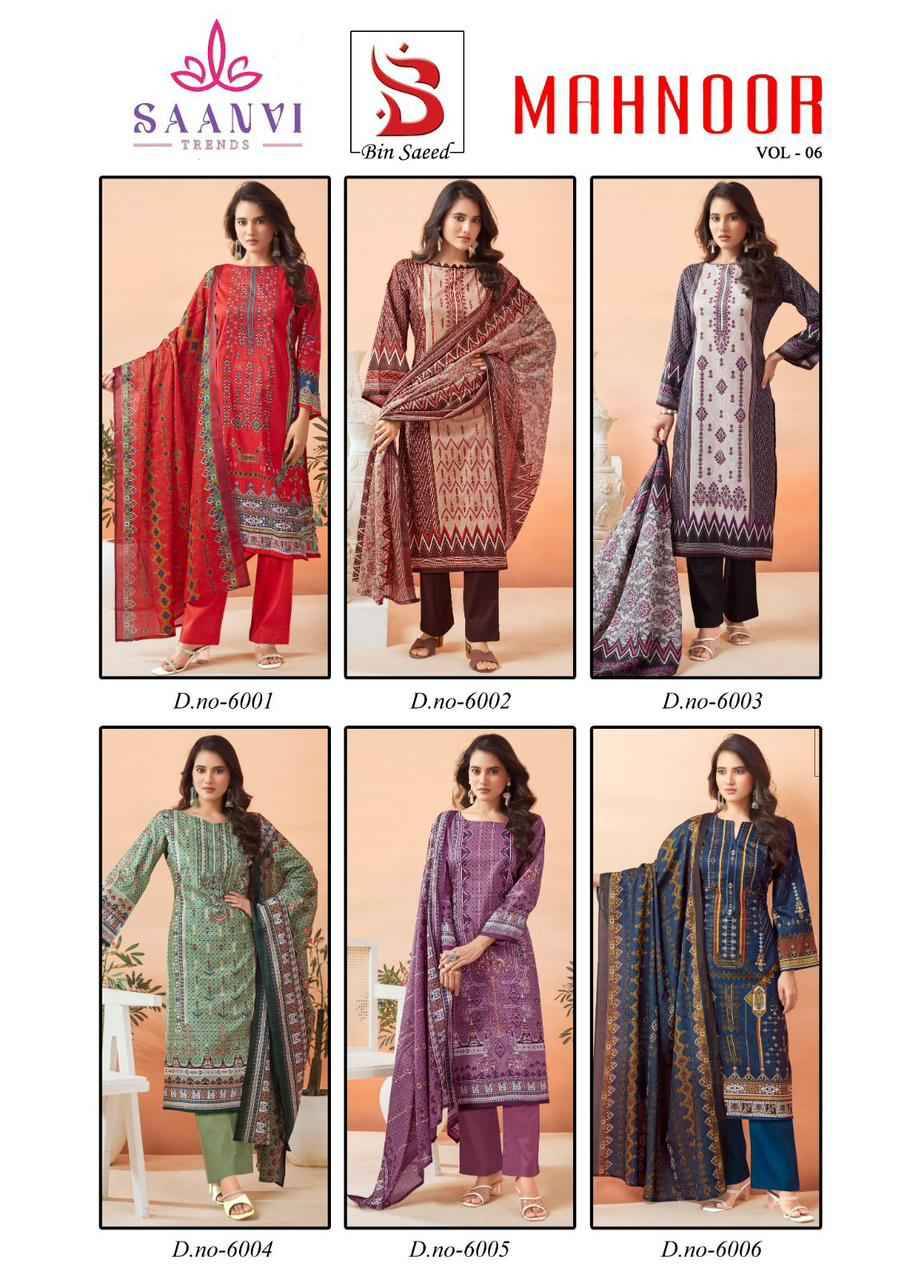 Mahnoor Vol-6 By Bin Saeed 6001 To 6006 Series Designer Festive Suits Beautiful Stylish Fancy Colorful Party Wear & Occasional Wear Pure Lawn Print Dresses At Wholesale Price