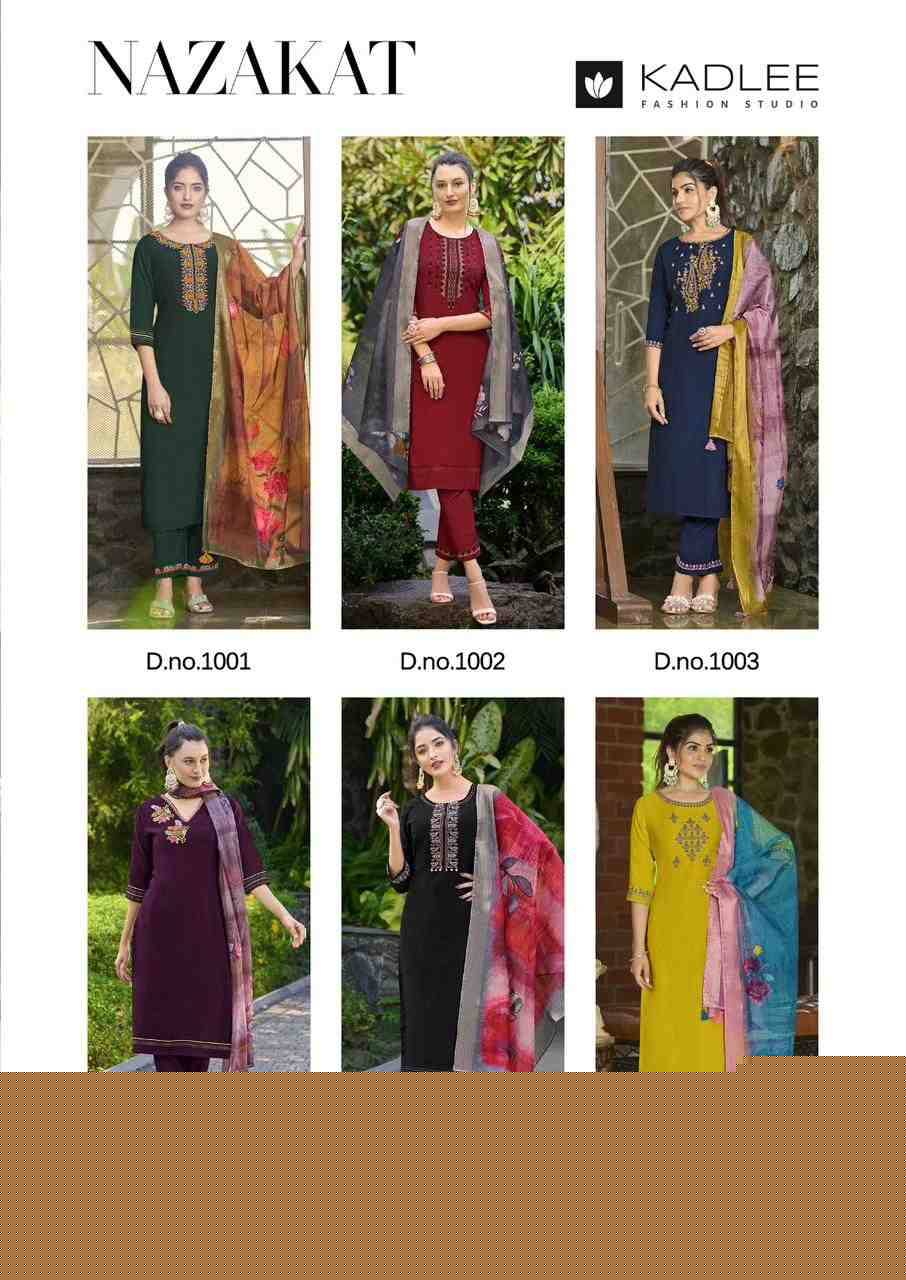 Nazakat By Kadlee 1001 To 1006 Series Beautiful Stylish Festive Suits Fancy Colorful Casual Wear & Ethnic Wear & Ready To Wear Viscose Embroidered Dresses At Wholesale Price