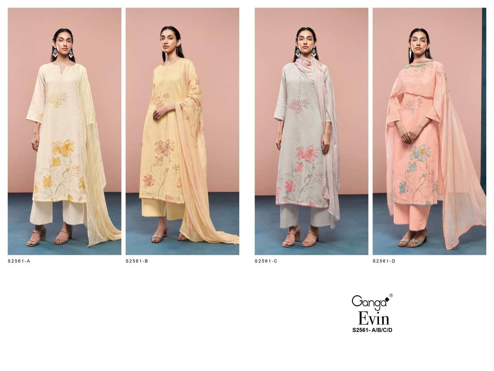 Evin-2561 By Ganga Fashion 2561-A To 2561-D Series Beautiful Festive Suits Colorful Stylish Fancy Casual Wear & Ethnic Wear Premium Cotton Linen Dresses At Wholesale Price