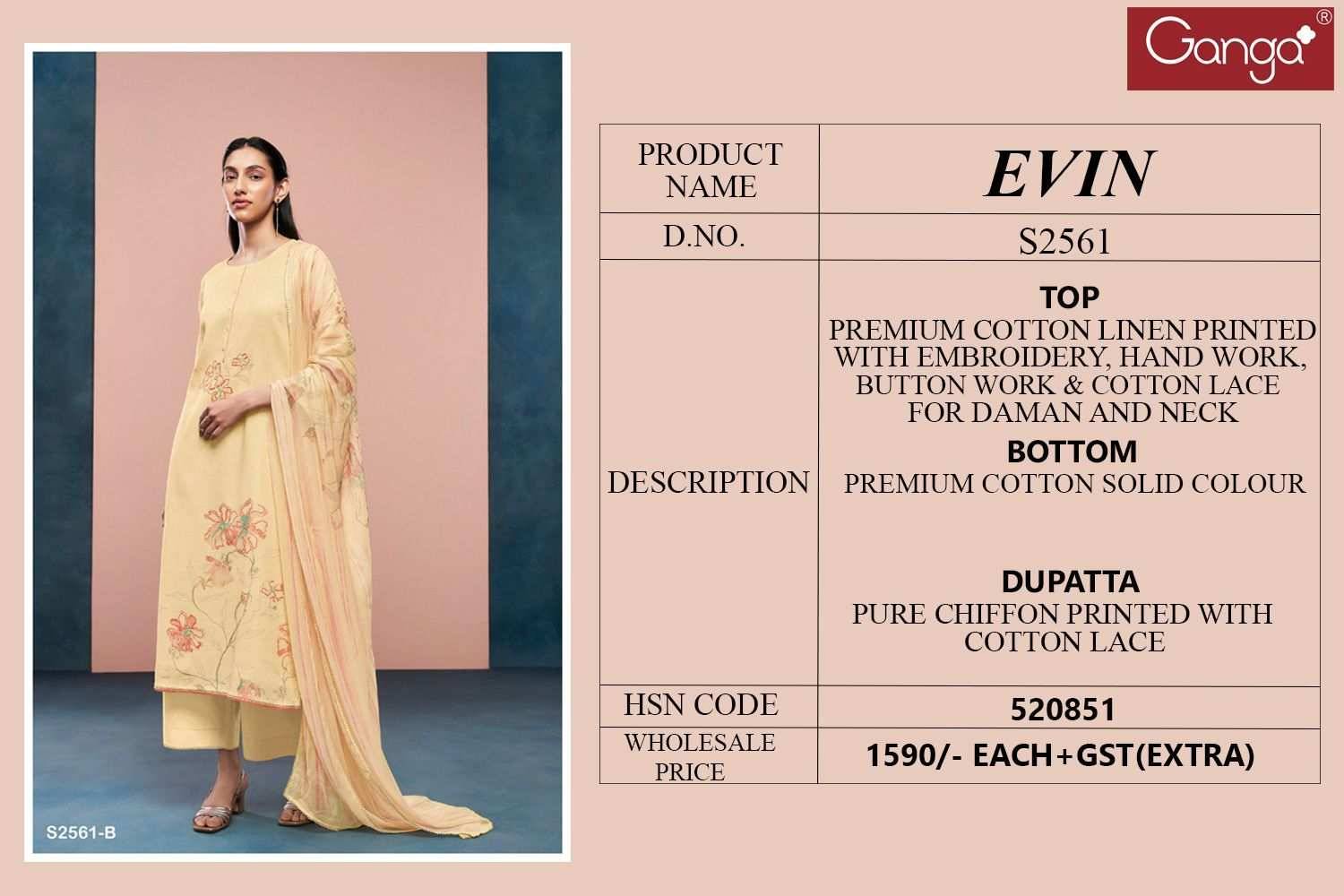 Evin-2561 By Ganga Fashion 2561-A To 2561-D Series Beautiful Festive Suits Colorful Stylish Fancy Casual Wear & Ethnic Wear Premium Cotton Linen Dresses At Wholesale Price
