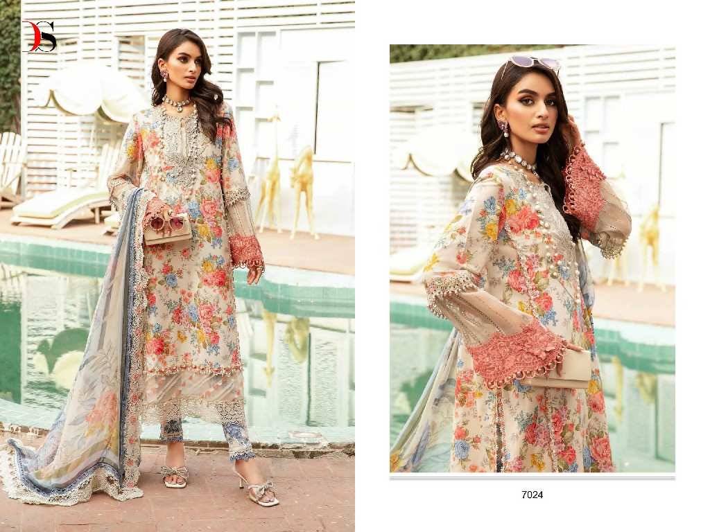 Maria.B. Mprint-24 Vol -2 By Deepsy Suits 7021 To 7027 Series Pakistani Stylish Beautiful Colourful Printed & Embroidered Party Wear & Occasional Wear Pure Cotton Dresses At Wholesale Price