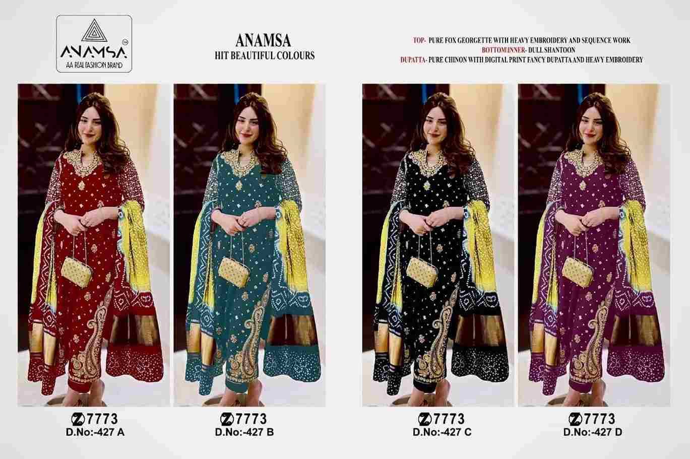 Anamsa Hit Design 427 Colours By Fashid Wholesale 427-A To 427-D Series Beautiful Pakistani Suits Colorful Stylish Fancy Casual Wear & Ethnic Wear Pure Faux Georgette Embroidered Dresses At Wholesale Price