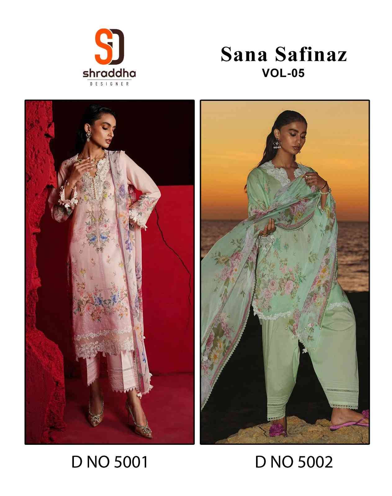 Sana Safinaz Vol-5 By Shraddha Designer 5001 To 5002 Series Beautiful Pakistani Suits Colorful Stylish Fancy Casual Wear & Ethnic Wear Pure Lawn Cotton With Embroidered Dresses At Wholesale Price