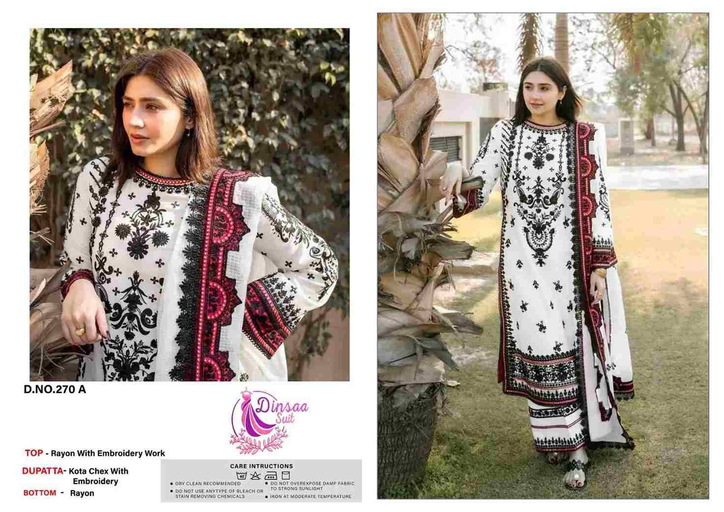 Dinsaa Hit Design 270 Colours By Dinssa Suits 270-A To 270-D Series Pakistani Suits Beautiful Fancy Colorful Stylish Party Wear & Occasional Wear Pure Rayon Embroidery Dresses At Wholesale Price