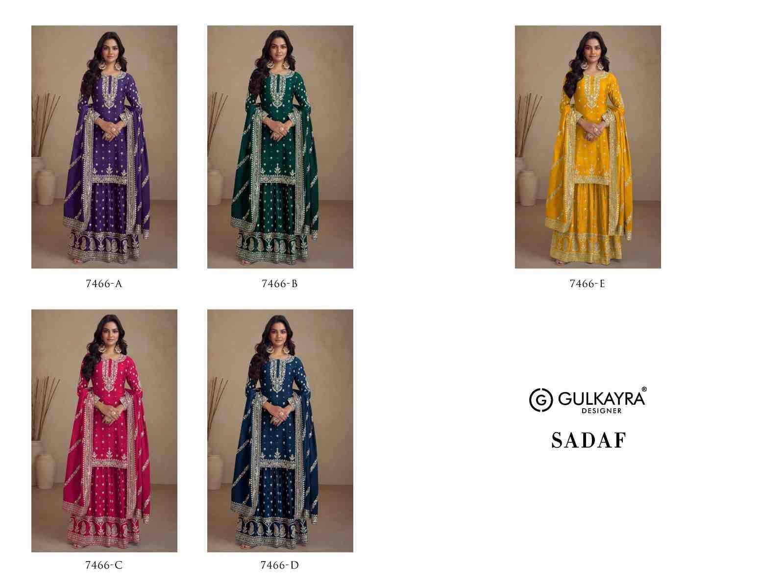 Sadaf By Gulkayra Designer 7466-A To 7466-E Series Designer Sharara Suits Collection Beautiful Stylish Fancy Colorful Party Wear & Occasional Wear Chinnon Dresses At Wholesale Price