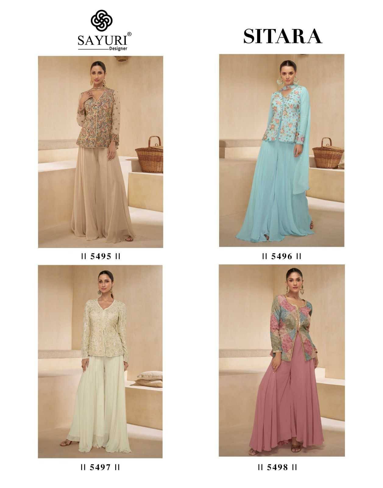 Sitara By Sayuri 5495 To 5498 Series Beautiful Sharara Suits Colorful Stylish Fancy Casual Wear & Ethnic Wear Georgette Dresses At Wholesale Price