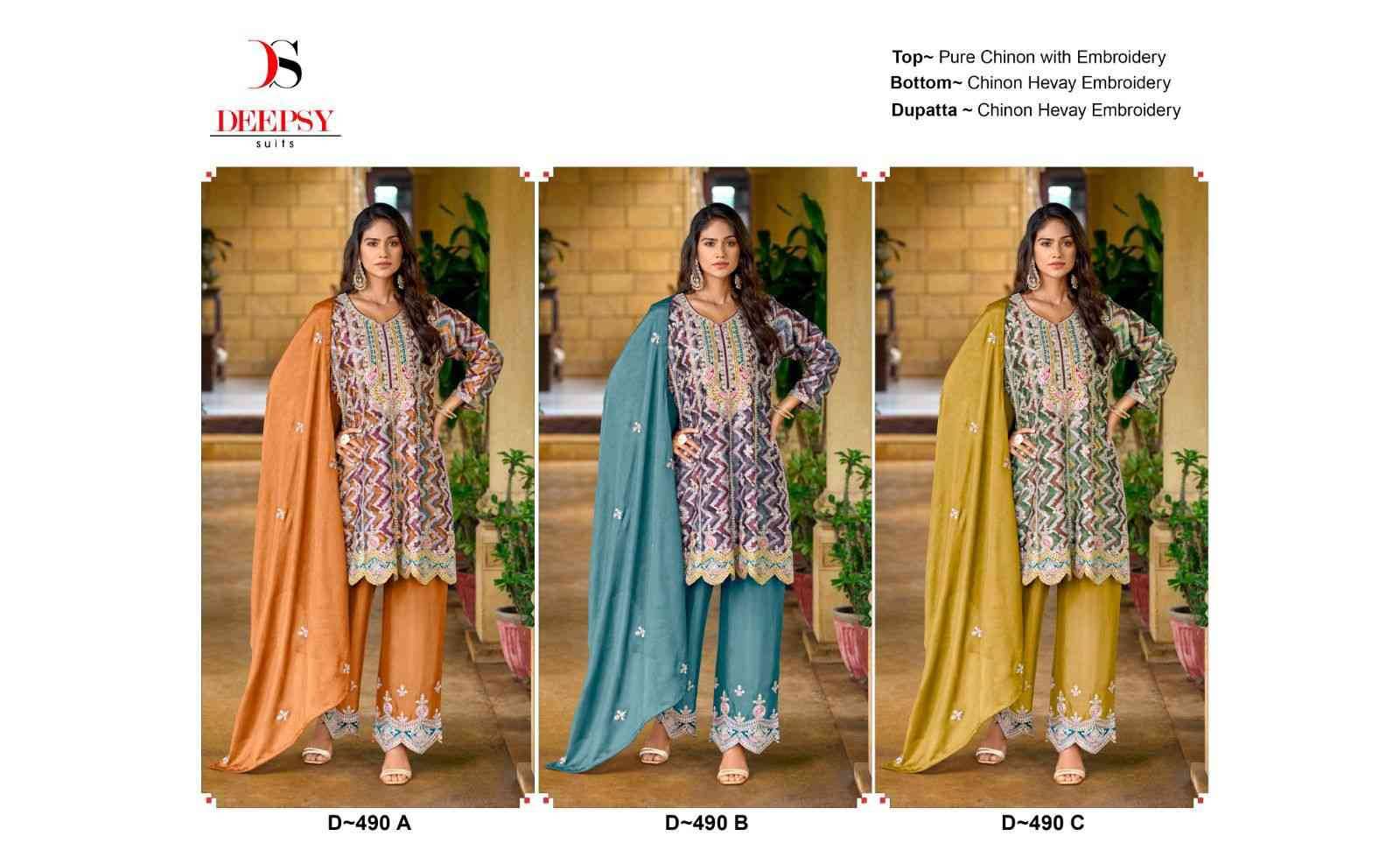 Deepsy Hit Design 490 By Deepsy Suits 490-A To 490-C Series Pakistani Suits Beautiful Fancy Colorful Stylish Party Wear & Occasional Wear Pure Chinnon Embroidered Dresses At Wholesale Price