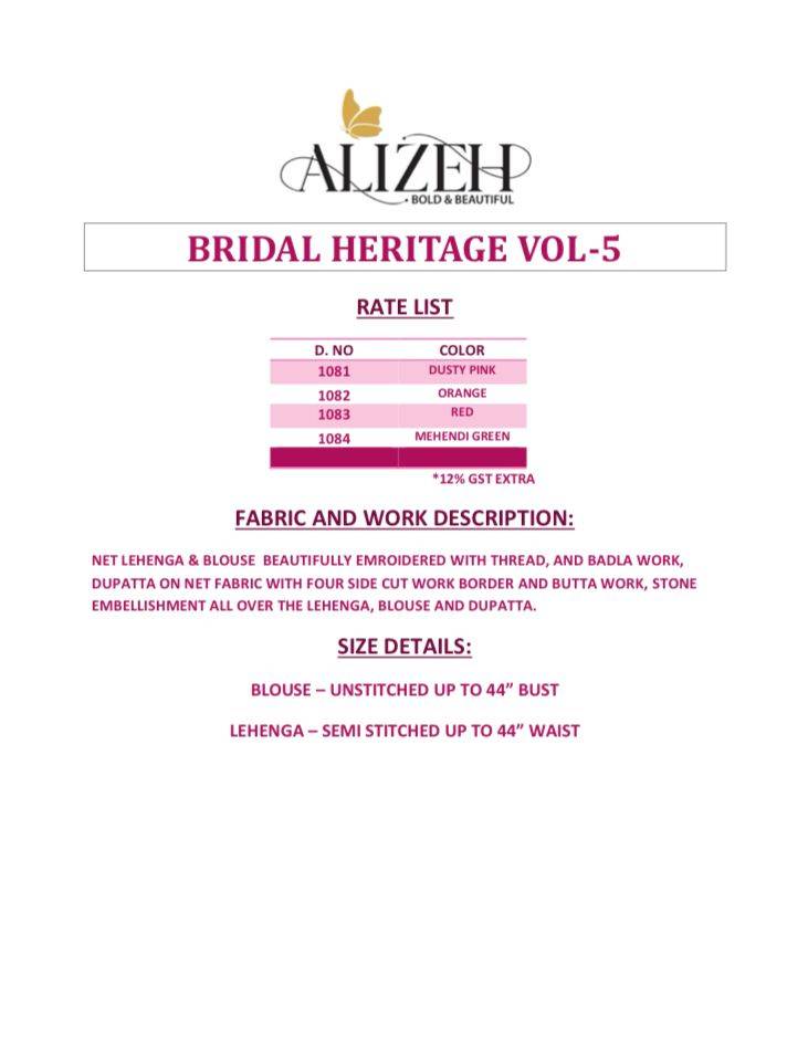 Bridal Heritage Vol-5 By Alizeh 1081 To 1084 Series Indian Traditional Bridal Beautiful Stylish Designer Banarasi Silk Jacquard Embroidered Party Wear Net Lehengas At Wholesale Price