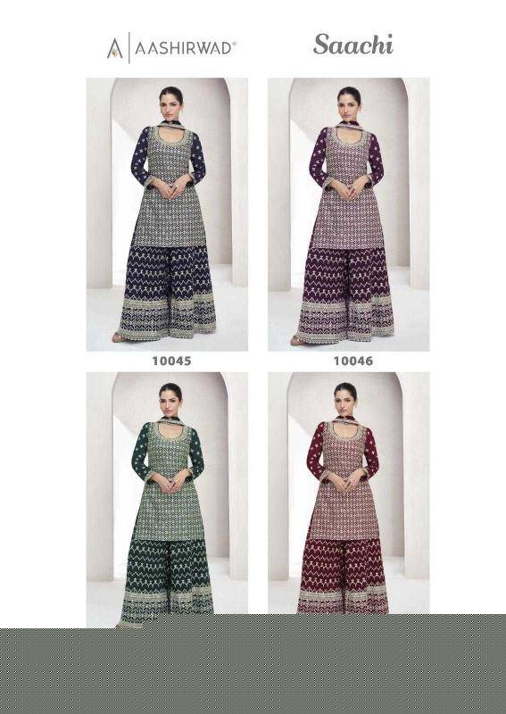 Saachi By Aashirwad Creation 10045 To 10048 Series Beautiful Sharara Suits Colorful Stylish Fancy Casual Wear & Ethnic Wear Chinnon Silk Dresses At Wholesale Price