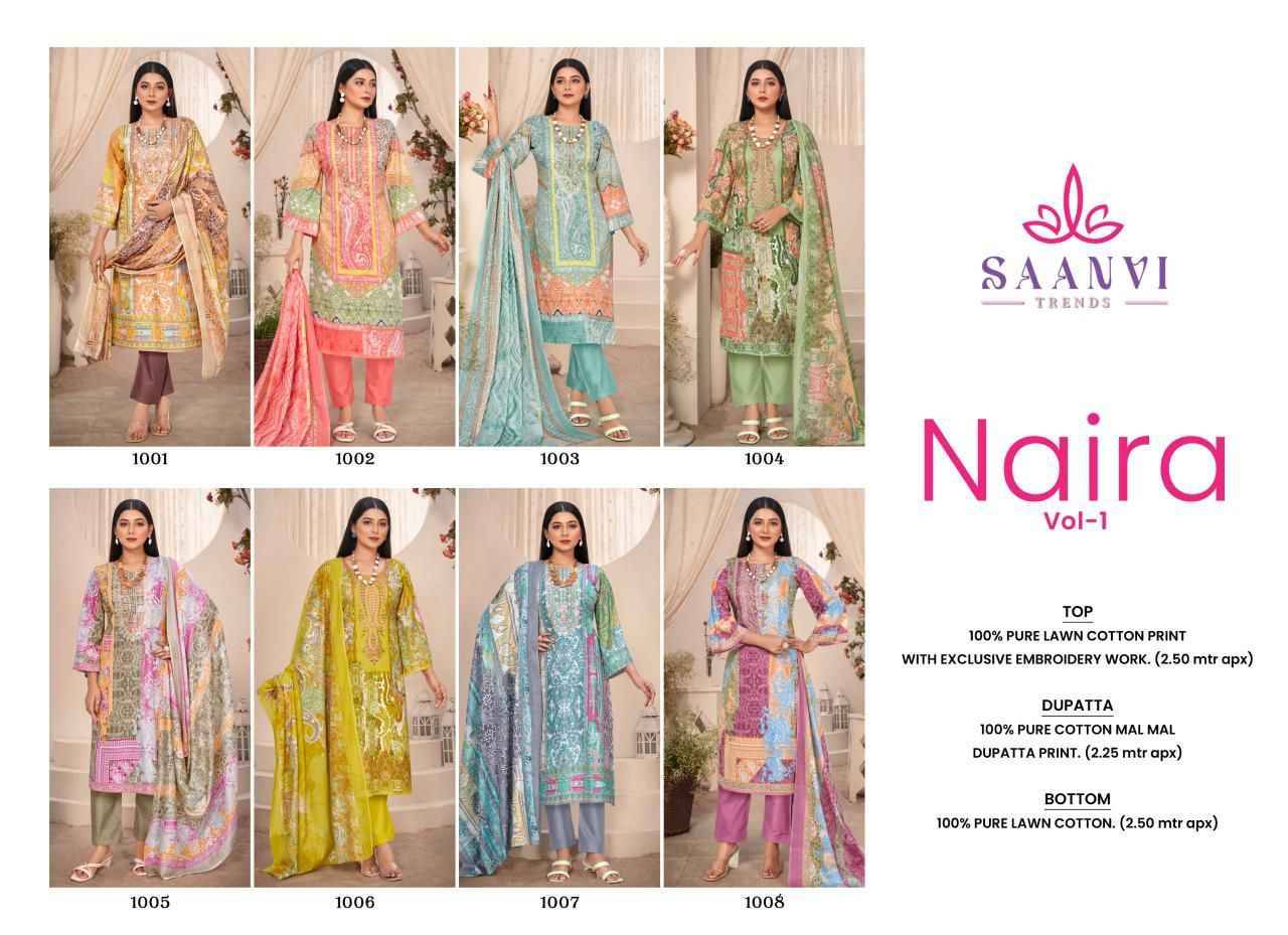 Naira Vol-1 By Saanvi Trends 1001 To 1008 Series Beautiful Suits Colorful Stylish Fancy Casual Wear & Ethnic Wear Pure Lawn Cotton Print Dresses At Wholesale Price