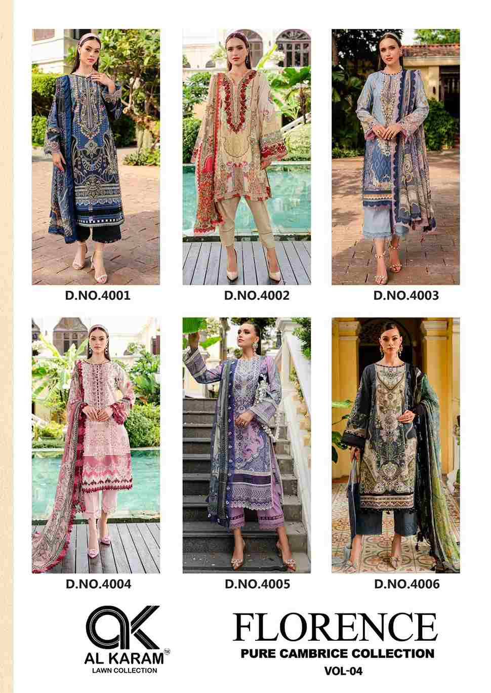 Florence Vol-4 By Al Karam Lawn Collection 4001 To 4006 Series Beautiful Pakistani Suits Stylish Fancy Colorful Casual Wear & Ethnic Wear Pure Cambric Dresses At Wholesale Price