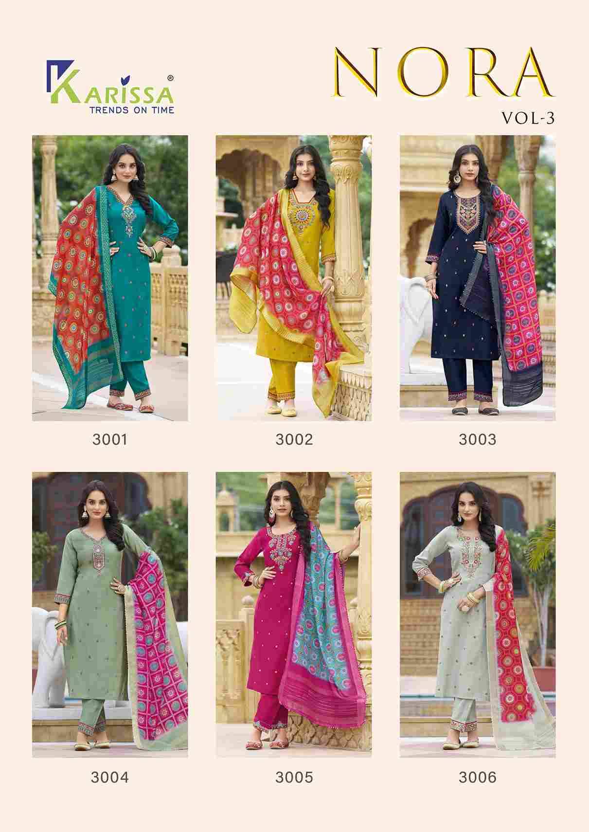 Nora Vol-3 By Karissa 3001 To 3006 Series Beautiful Stylish Festive Suits Fancy Colorful Casual Wear & Ethnic Wear & Ready To Wear Pure Viscose Dresses At Wholesale Price