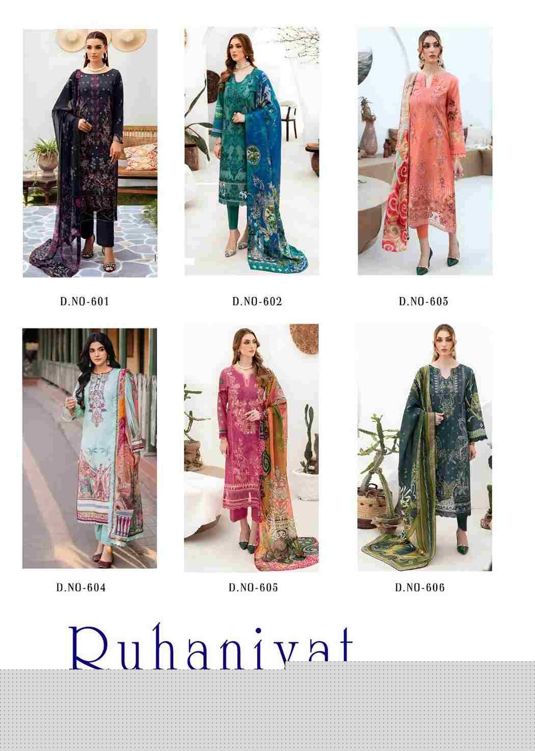 Ruhaniyat Vol-6 By Fashid Wholesale 601 To 606 Series Beautiful Suits Colorful Stylish Fancy Casual Wear & Ethnic Wear Pure Cotton Embroidered Dresses At Wholesale Price