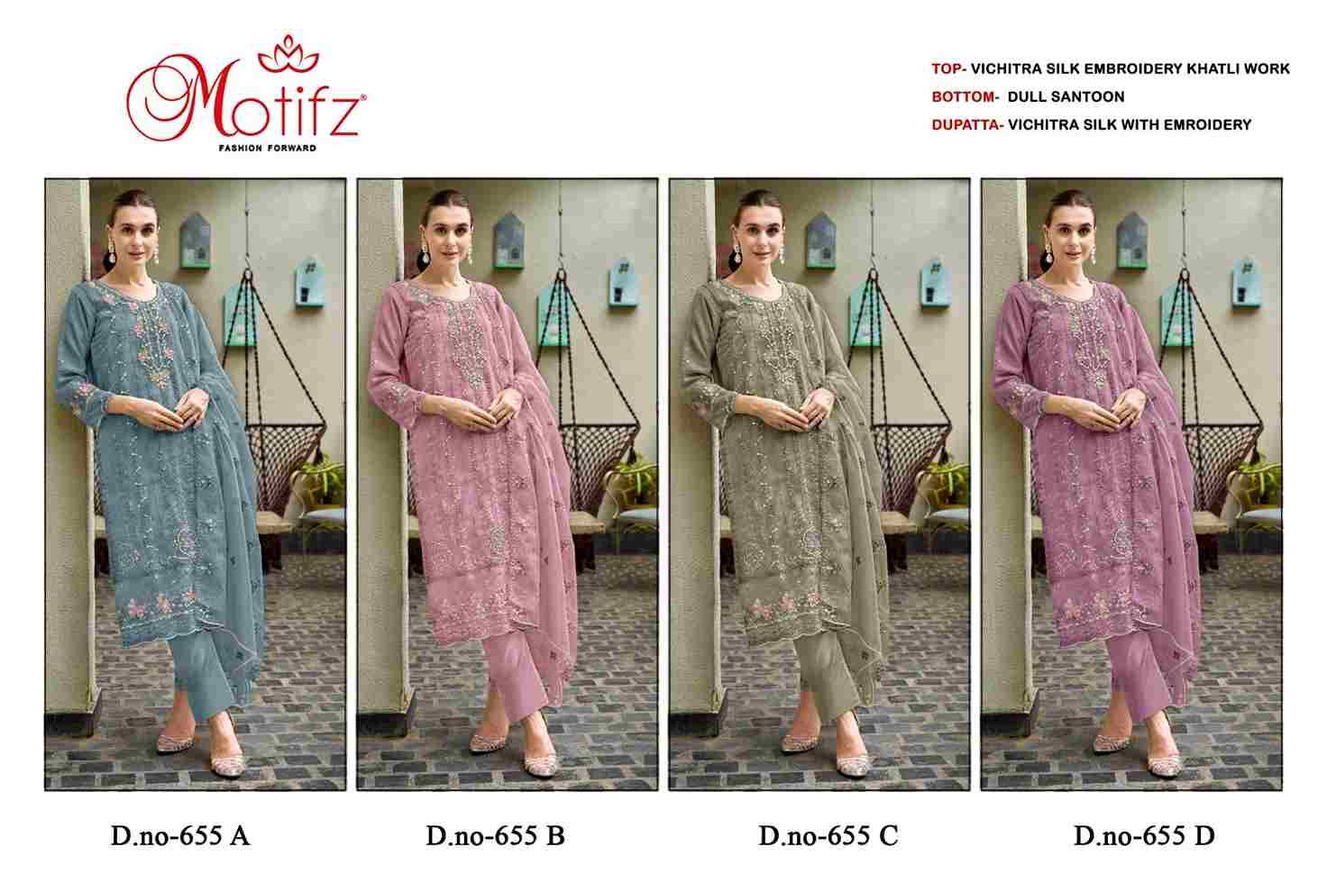 Motifz Hit Design 655 Colours By Motifz 655-A To 655-D Series Beautiful Pakistani Suits Colorful Stylish Fancy Casual Wear & Ethnic Wear Vichitra Silk Dresses At Wholesale Price