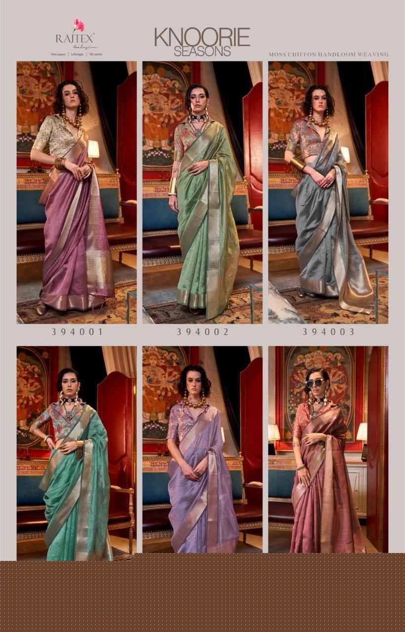 Knoorie Seasons By Raj Tex 394001 To 394006 Series Indian Traditional Wear Collection Beautiful Stylish Fancy Colorful Party Wear & Occasional Wear Moss Chiffon Sarees At Wholesale Price
