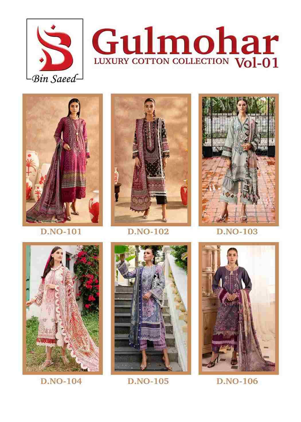 Gulmohar Vol-1 By Bin Saeed 101 To 106 Series Beautiful Stylish Fancy Colorful Casual Wear & Ethnic Wear Collection Heavy Cotton Dresses At Wholesale Price