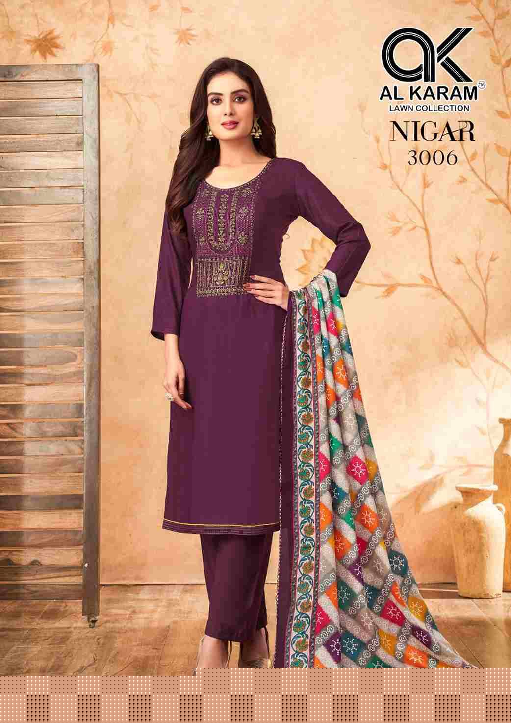 Nigar Vol-3 By Al Karam Lawn Collection 3001 To 3006 Series Beautiful Festive Suits Stylish Fancy Colorful Casual Wear & Ethnic Wear Heavy Rayon Slub Print Dresses At Wholesale Price