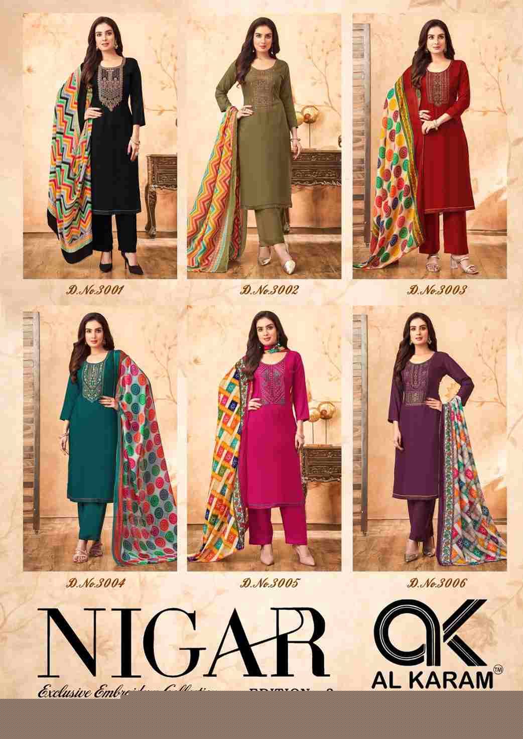 Nigar Vol-3 By Al Karam Lawn Collection 3001 To 3006 Series Beautiful Festive Suits Stylish Fancy Colorful Casual Wear & Ethnic Wear Heavy Rayon Slub Print Dresses At Wholesale Price