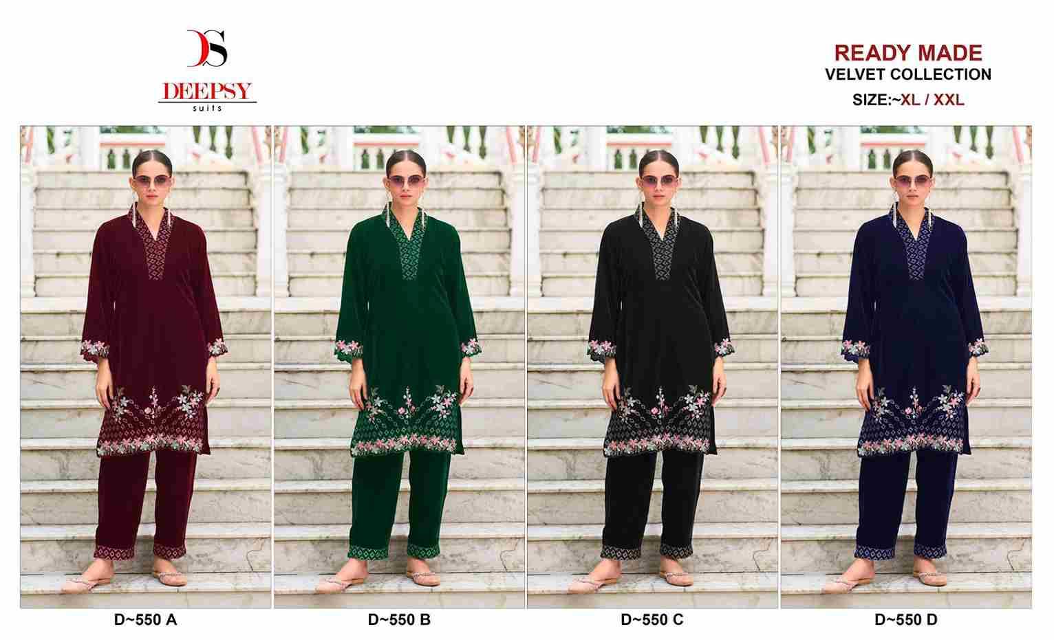 Deepsy Hit Design 550 Colours By Deepsy Suits 550-A To 550-D Series Designer Pakistani Suits Collection Beautiful Stylish Fancy Colorful Party Wear & Occasional Wear Velvet Kurtis With Bottom At Wholesale Price
