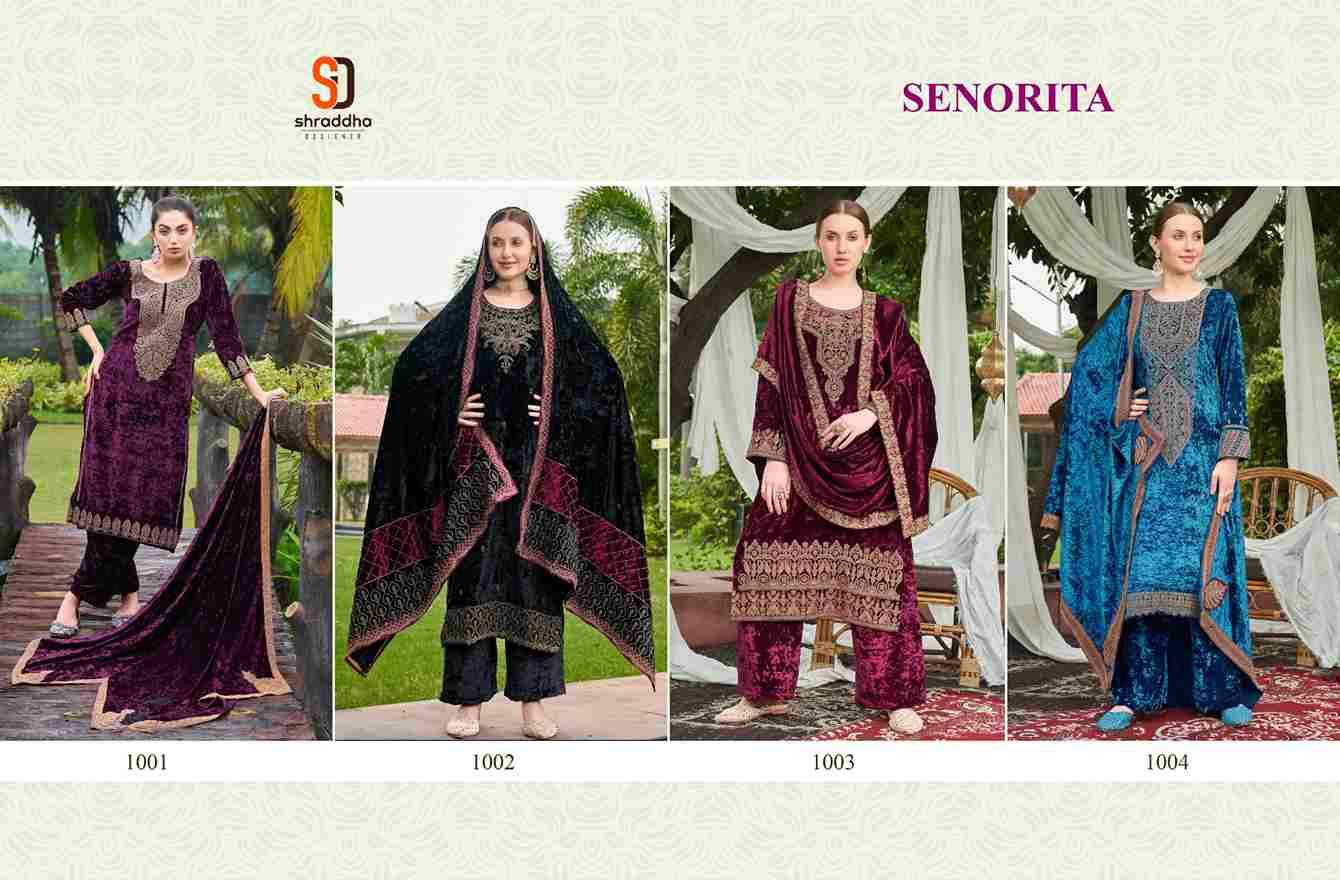 Senorita By Shraddha Designer 1001 To 1004 Series Beautiful Pakistani Suits Colorful Stylish Fancy Casual Wear & Ethnic Wear Pure Velvet Embroidered Dresses At Wholesale Price