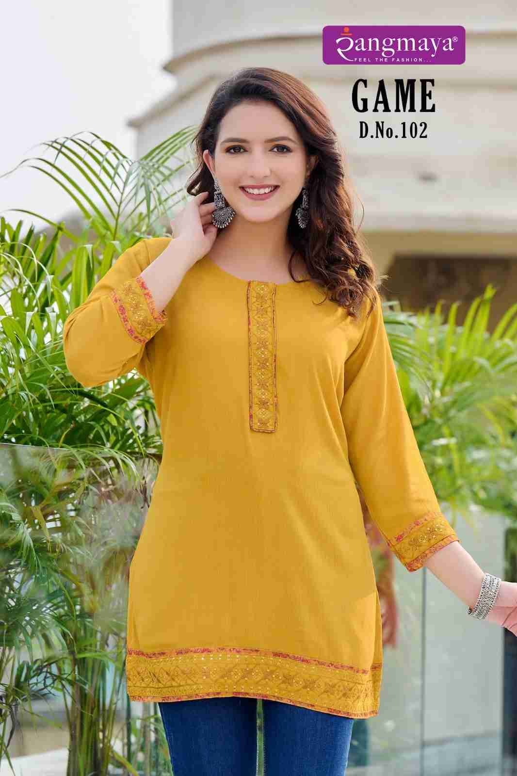 Game By Rangmaya 101 To 108 Series Designer Stylish Fancy Colorful Beautiful Party Wear & Ethnic Wear Collection Rayon Tops At Wholesale Price