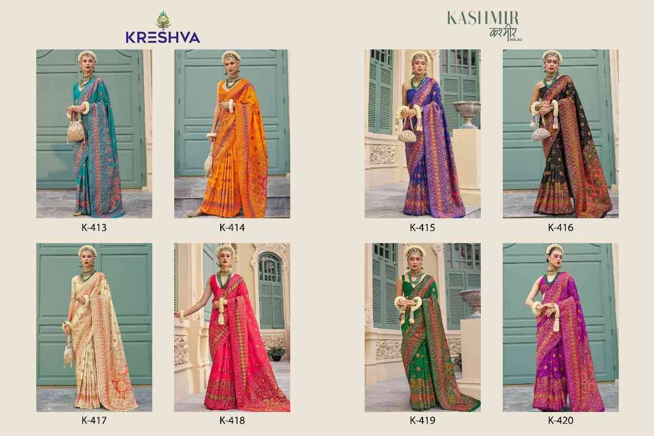 Kashmir Vol-2 By Kreshva 413 To 420 Series Indian Traditional Wear Collection Beautiful Stylish Fancy Colorful Party Wear & Occasional Wear Banarasi Silk Sarees At Wholesale Price