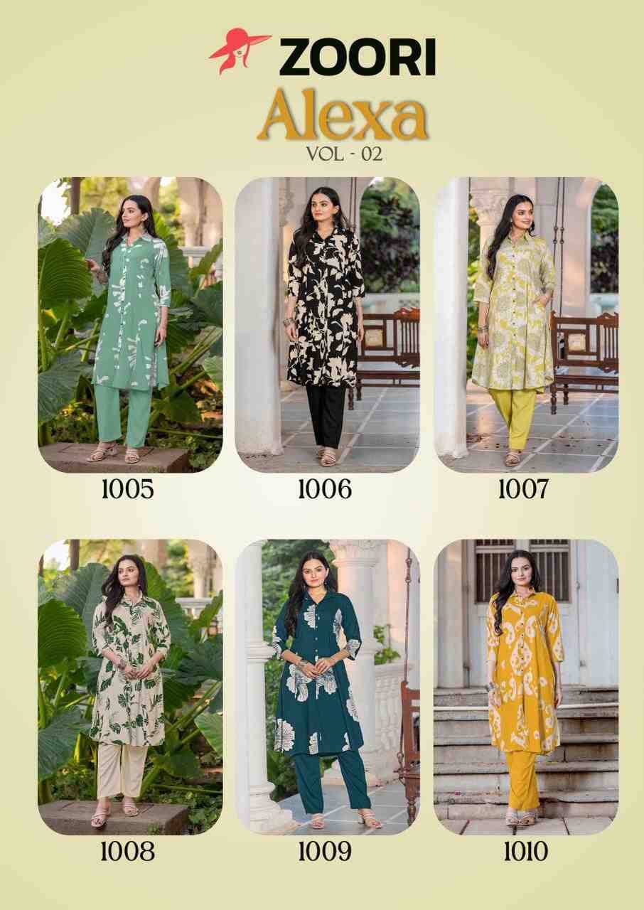 Alexa Vol-2 By Zoori 1005 To 1010 Series Designer Stylish Fancy Colorful Beautiful Party Wear & Ethnic Wear Collection Rayon Print Kurtis With Bottom At Wholesale Price