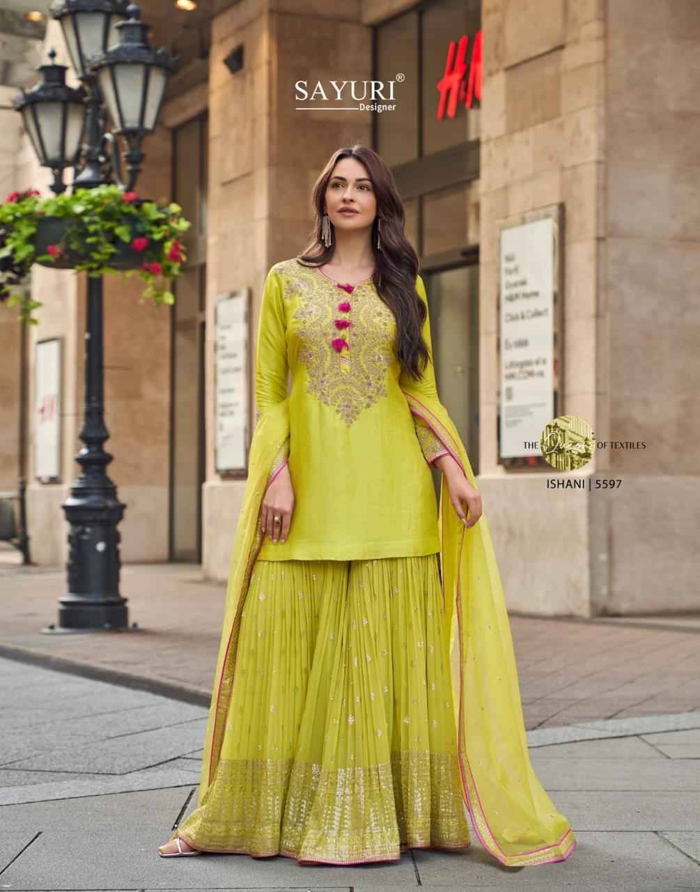 Ishani By Sayuri 5595 To 5597 Series Beautiful Sharara Suits Colorful Stylish Fancy Casual Wear & Ethnic Wear Premium Silk Dresses At Wholesale Price