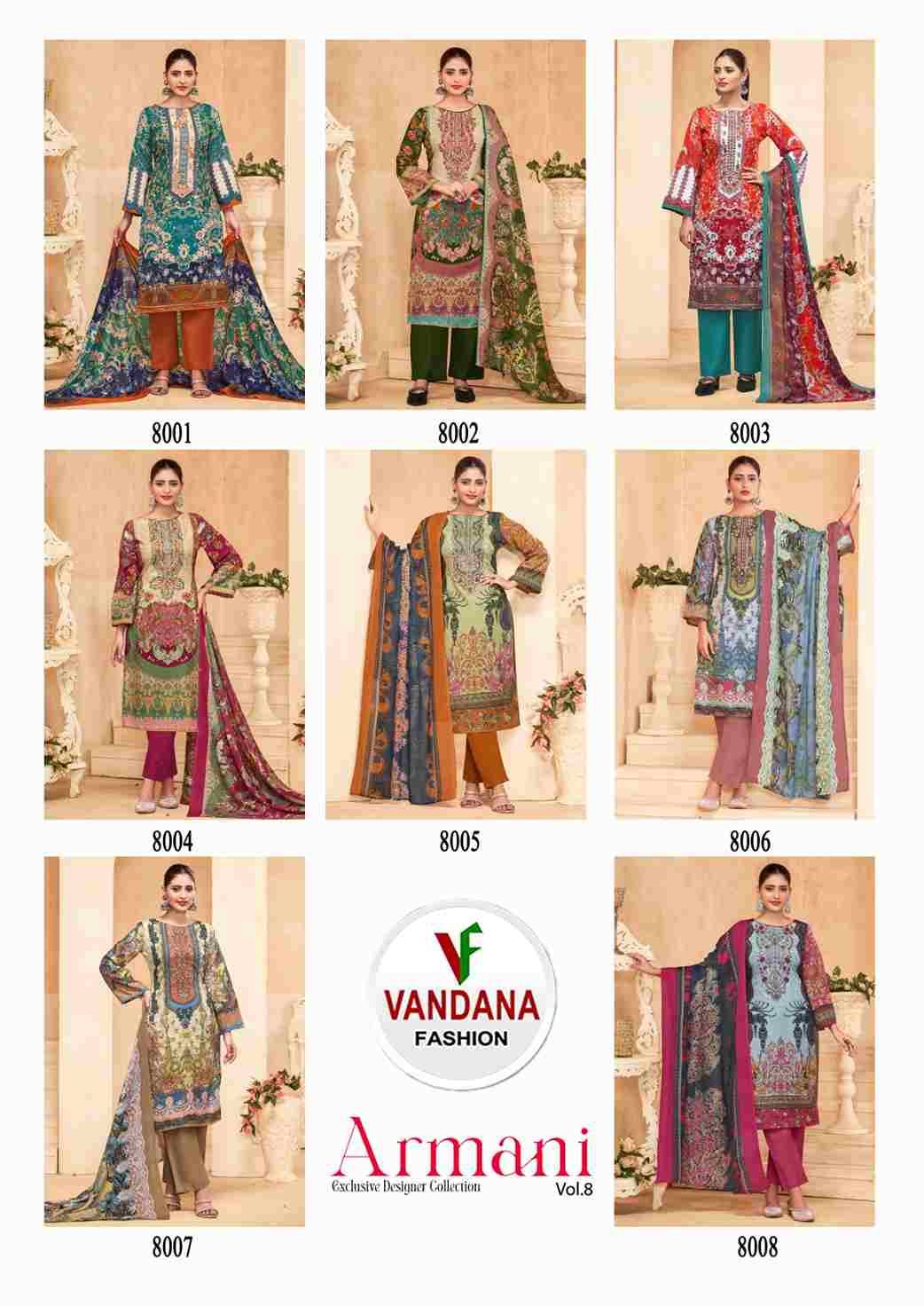Armani Vol-8 By Vandana Fashion 8001 To 8008 Series Beautiful Festive Suits Stylish Fancy Colorful Casual Wear & Ethnic Wear Soft Cotton Print Dresses At Wholesale Price